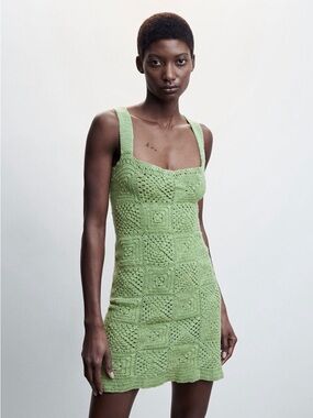 Mango Crochet Mini Dress – Light Green, Size Medium
